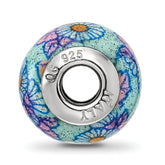 Sterling Silver 925 Blue Floral Glass Bead with Polished Overlay, Elegant Artistry